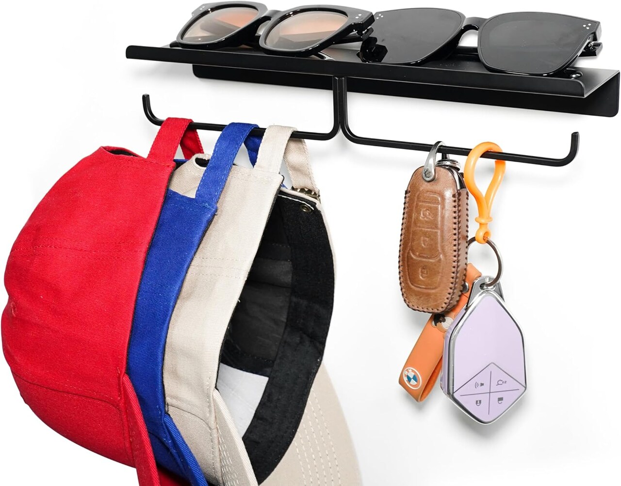Wall Mount Key Holder & Hat Rack - Metal Organizer for Baseball Caps, Keys & Hangers - Hat Hooks for Wall